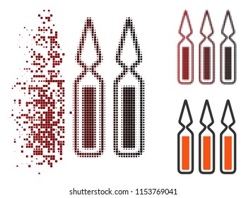Vector ampoules icon in sparkle, dotted halftone and undamaged entire variants. Disappearing effect uses rectangular scintillas and horizontal gradient from red to black.