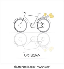 Vector Amsterdam bike symbol. Traditional dutch icon. Holland culture element with tulips. Typical Netherlands transport. Template for cards, advertisement, poster, banner, Spring floral illustration