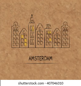 Vector Amsterdam city line on kraft old paper. Traditional Netherlands houses. Dutch street symbol. .Vintage and retro Architectural sketch .Template for ad, poster,, web-design, travel agencies