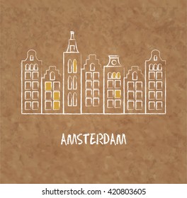 Vector Amsterdam city line on kraft old paper. Traditional Netherlands houses. Dutch street symbol. Vintage and retro Architectural sketch.Template for ad, poster, web-design, travel agencies
