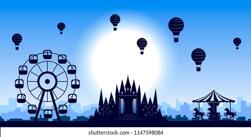 vector amusement park with atrractions, hot air ballons, carousel and castle