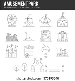 Vector amusement park icon set in linear style. Landscape with a Ferris wheel, roller coaster, carousel, castle, ice cream, clown, tent, train, ticket, trees, bench. Template for your design