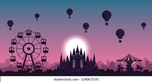 vector amusement park illustration, cityscape, skyline