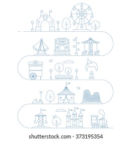 Vector amusement park illustration in linear style. Landscape with a Ferris wheel, roller coaster, carousel, castle, ice cream, clown, tent, train, ticket, trees, bench. Template for your design