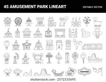 Vector Amusement Park Lineart Set of Illustrations for Entertainment and Events.