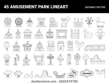 Vector Amusement Park Lineart Set of Illustrations for Entertainment and Events