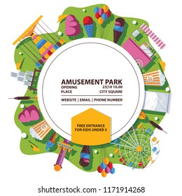 Vector amusement park poster. Bright composition with flat objects and circle
