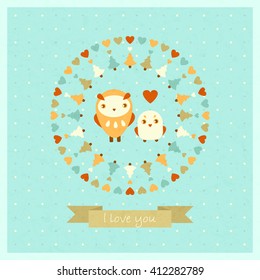 vector amusing card with owls and decorative round frame