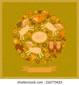 vector amusing green card with lambs, fox, bears and hedgehog