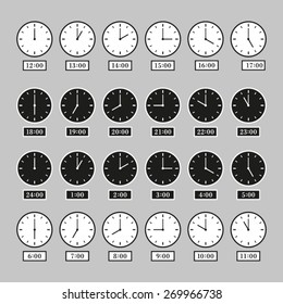 Vector analog clock 24 hours day night serial icon symbol flat sequence template