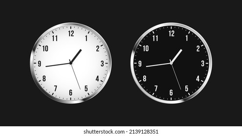 Vector analog clock isolated, realistic black and white clock on white background, 3d timer, minimalism design object, alarm symbol