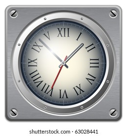 Vector analog clock on metal plate, front view