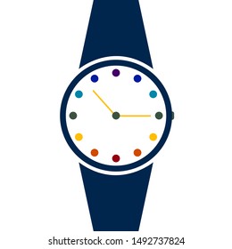 Vector analog clock on a wrist icon. Symbol of time management, chronometer with hour and minute arrow. Simple colorful illustration isolated on white background.
