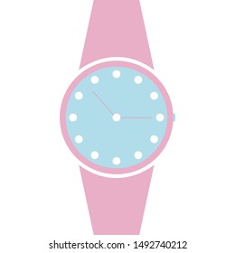 Vector analog clock on a wrist icon. Symbol of time management, chronometer with hour and minute arrow. Simple pink and blue illustration isolated on white background.