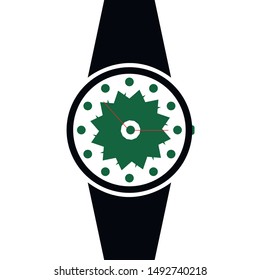 Vector analog clock on a wrist icon. Symbol of time management, chronometer with no arrow. Simple black, white and green illustration isolated on white background.