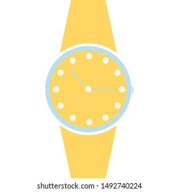Vector analog clock on a wrist icon. Symbol of time management, chronometer with hour and minute arrow. Simple yellow, white and soft blue illustration isolated on white background.