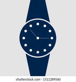 Vector analog clock on a wrist icon. Symbol of time management, chronometer with hour and minute arrow. Simple blue illustration isolated on white background.