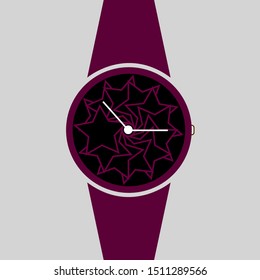 Vector analog clock on a wrist icon. Symbol of time management, chronometer with hour and minute arrow. Simple purple and black illustration isolated on white background.