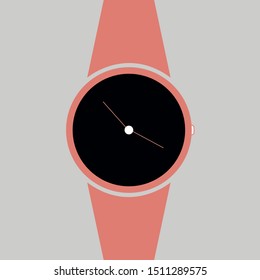 Vector analog clock on a wrist icon. Symbol of time management, chronometer with hour and minute arrow. Simple black and peach illustration isolated on white background.