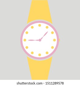 Vector analog clock on a wrist icon. Symbol of time management, chronometer with hour and minute arrow. Simple white and yellow illustration isolated on white background.