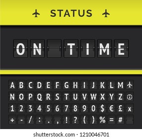 Vector analog flip board timetable showing airport flight information of departure status: On time, with aircraft sign icon and alphabet