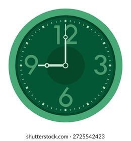 Relógio de parede analógico vetor em verde mostra 09.00 horas, eps