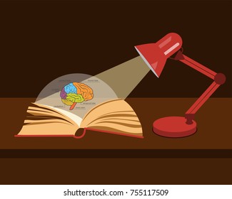 Vector anatomy textbook. Human brain structure. Open book in the light of a desk lamp