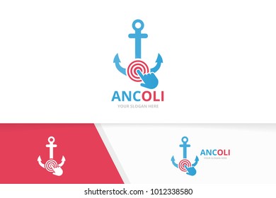Vector anchor and click logo combination. Marine and cursor symbol or icon. Unique navy and digital logotype design template.