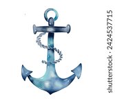 Vector anchor clip art isolated  on white background. Anchor print design in watercolour style, blue color palette. Children's Illustration 