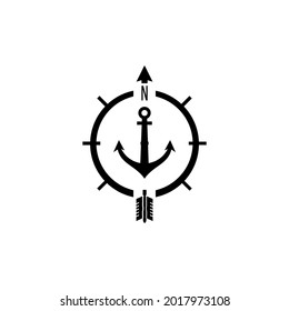 vector of anchor and compass with arrow pointing to letter n, icon and logo