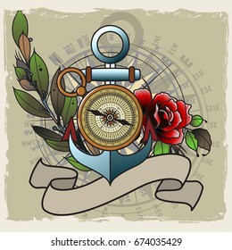 Vector Anchor, Compass, Flowers Composition
