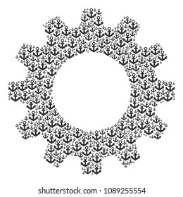 Vector anchor icons are composed into gearwheel composition. Technical design concept constructed with anchor pictograms.