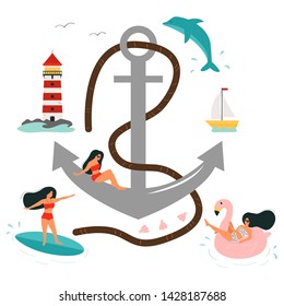 Vector anchor, lighthouse, resting women in swimsuits. Surf, swim on a rubber ring shaped flamingo. Summer time. Vacation on the beach.