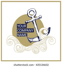 Vector Anchor logo hand drawn in doodle style. Marine theme. Marine icon. Marine logo. Marine sketch. Marine drawing. Wave icon. Wave sketch. Wave drawing. Anchor sketch. Anchor drawing. 