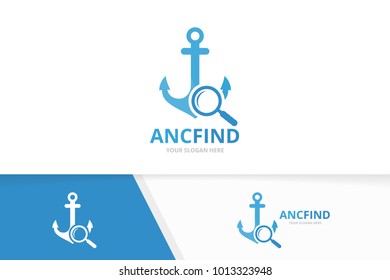Vector anchor and loupe logo combination. Marine and magnifying symbol or icon. Unique navy and search logotype design template.