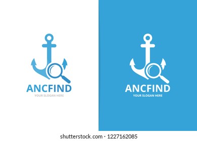 Vector anchor and loupe logo combination. Marine and magnifying symbol or icon. Unique navy and search logotype design template.