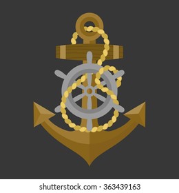 Vector anchor with rope and helm icon, flat design