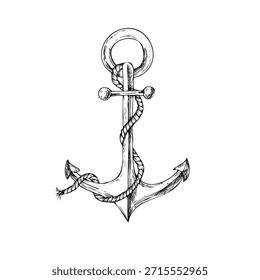 Vector anchor with rope in marine style. Hand painted linear nautical illustration. Graphic monochrome sketch isolated on background. For designers, prints, logo, icon, menu, postcards, holiday