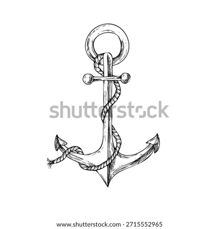 Vector anchor with rope in marine style. Hand painted linear nautical illustration. Graphic monochrome sketch isolated on background. For designers, prints, logo, icon, menu, postcards, holiday