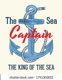 vector anchor and rope t-shirt design illustration with text the sea captain and sea king