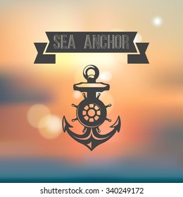 Vector anchor and rudder emblem. Isolated marine retro template. Mesh background. 