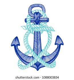 Vector anchor. Sea, ocean, sailor sign. Hand drawn vintage illustration for t-shirt, logo, badge, emblem.