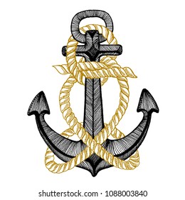 Vector anchor. Sea, ocean, sailor sign. Hand drawn vintage illustration for t-shirt, logo, badge, emblem.