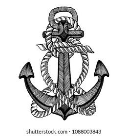 Vector anchor. Sea, ocean, sailor sign. Hand drawn vintage illustration for t-shirt, logo, badge, emblem.