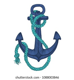 Vector anchor. Sea, ocean, sailor sign. Hand drawn vintage illustration for t-shirt, logo, badge, emblem.