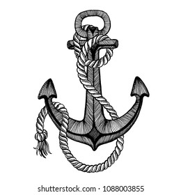 Vector anchor. Sea, ocean, sailor sign. Hand drawn vintage illustration for t-shirt, logo, badge, emblem.