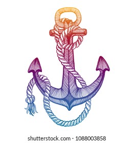 Vector anchor. Sea, ocean, sailor sign. Hand drawn vintage illustration for t-shirt, logo, badge, emblem.