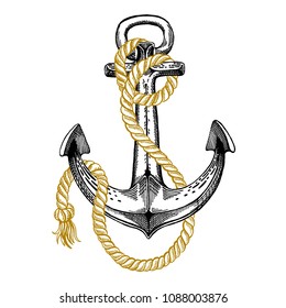 Vector anchor. Sea, ocean, sailor sign. Hand drawn vintage illustration for t-shirt, logo, badge, emblem.