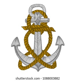 Vector anchor. Sea, ocean, sailor sign. Hand drawn vintage illustration for t-shirt, logo, badge, emblem.