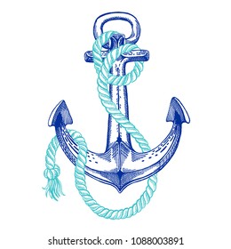 Vector anchor. Sea, ocean, sailor sign. Hand drawn vintage illustration for t-shirt, logo, badge, emblem.